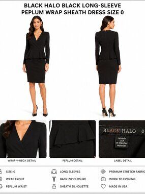 BLACK HALO BLACK PEPLUM WRAP SHEATH DRESS 0